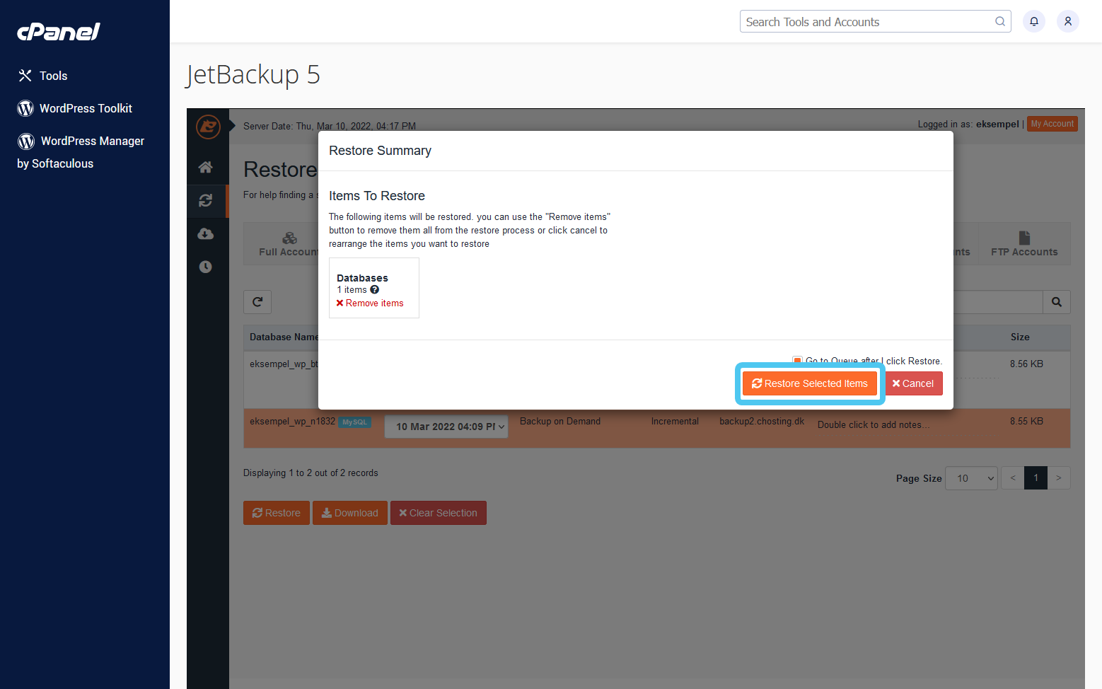 JetBackup 5 - Confirm Database Selection
